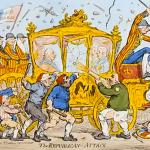 1795 cartoon showing angry crowd throwing stones at King George's carriage