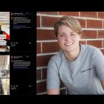 Photo of a woman with "chat" messages on the side.