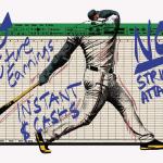 Drawing of a baseball player over a computer screen with the following words:  Future Earnings, Instant Cash, No Strings Attached 