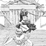 Cartoon showing the personification of "Congress" wearing a top hat using a bull whip to drive Liberty down the Capitol steps