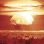 The huge mushroom cloud resulting from testing an H-bomb
