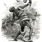1906 cartoon of a Congolese worker being assaulted by a snake wearing the King of Belgium's crown