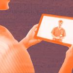 drawing of the back of a person holding an ipad with an image of a doctor. d a  a 
