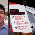 Split screen - photo of a man next to a bulletin board with info about project 2025