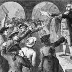 Illustration showing angry Sons of Liberty supporters meeting in New York City