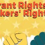 Drawing of different colored raised fists below a sign that says Immigrant rights are worker rights sl