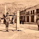 In 1914, US and Mexican soldiers march up and down to maintain the boundary between Nogales, Arizona and Nogales, Sonora, Mexico. 