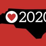 outline of North Carolina with heart and 2020