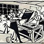 Cartoon of early-U.S. printshop workers