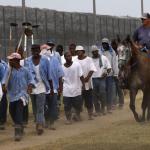 A photo of a prison guard riding a horse alongside prisoners.