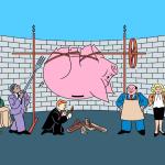 drawing of rich men roasting a pig on a spit