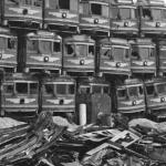 Huge pile of abandoned streetcars on the scrap-heap