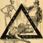 Drawing by John Sloan of a wealthy businessman and a skeleton shaking hands over the corpse of a garment worker killed by the Triangle Shirtwaist Factory Fire