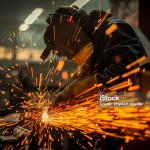 Sparks shooting up from a work table towards a worker with face protection.