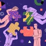 Colorful drawing of stick figures floating with puzzle pieces.