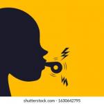 Drawing of a profile of a person's head blowing a whistle - in black against a yellow background.  with a