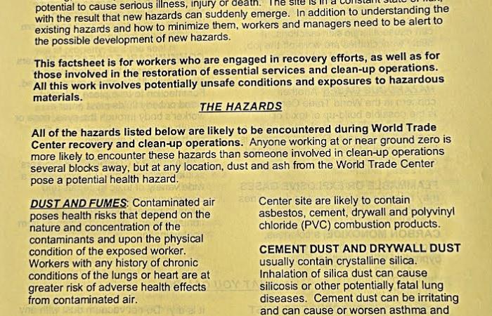 Leaflet from September 2001 about health hazards resulting from the collapse of the World Trade Center in Manhattan