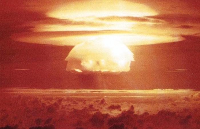 The huge mushroom cloud resulting from testing an H-bomb