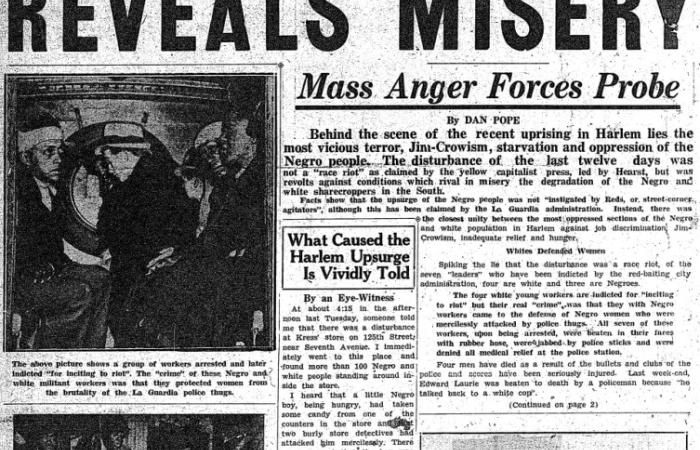 1935 newspaper with headline Harlem Uprising Reveals Misery