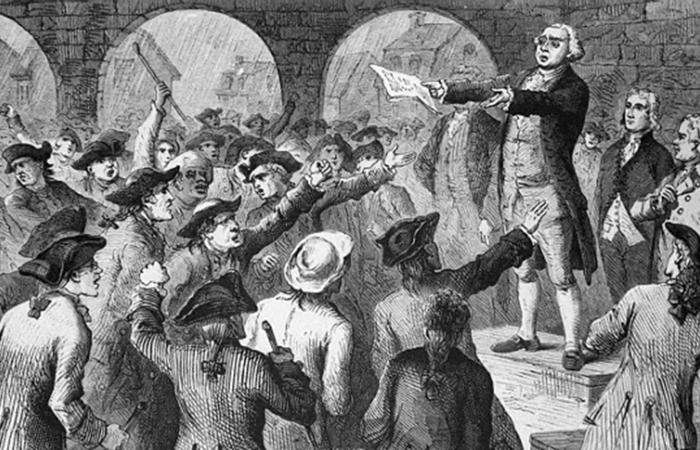 Illustration showing angry Sons of Liberty supporters meeting in New York City