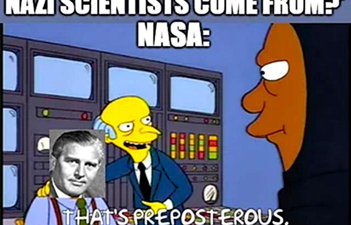 A cartoon with this text: Where did all these Nazi scientists come from?  That's preposterous. Wernher here is as American as apple pie.