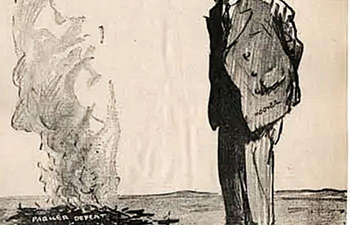 Cartoon of Herbert Hoover staring glumly at the ashes of John Parker's Supreme Court nomination 