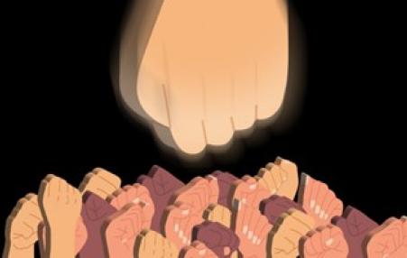 drawing of one fist going down on many uplifted fists