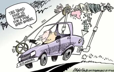 Cartoon of automaker bosses squeezing taxpayers dry