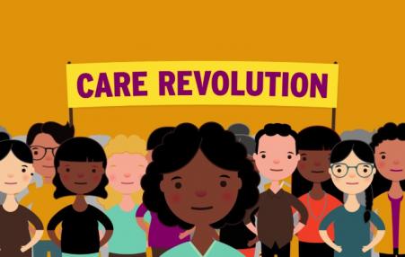 Cartoon of a crowd  of health care workers holding a sign:  CARE REVOLUTION