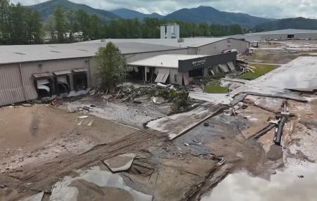 Photo of the outside of a factory building after being devastated by the hurricane. 