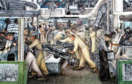 Mural by Diego Rivera showing workers in an automobile factory