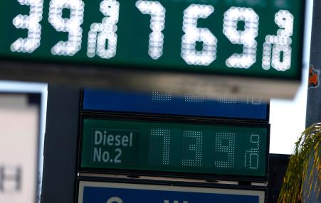 A sign displays diesel prices at a gas station in Los Angeles on Aug. 21. 