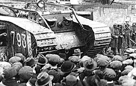 A crowd of civilians confronting a British Army tank during the Irish War of Independence