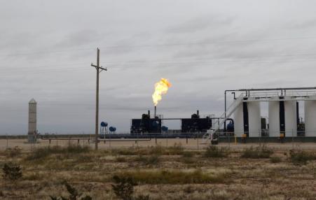 Natural gas flares at a facility south of Carlsbad, New Mexico.