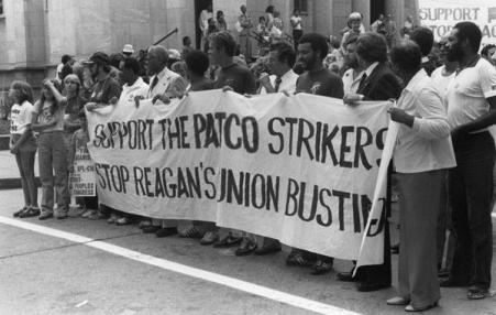 Striking air-traffic controllers demonstrating in 1981