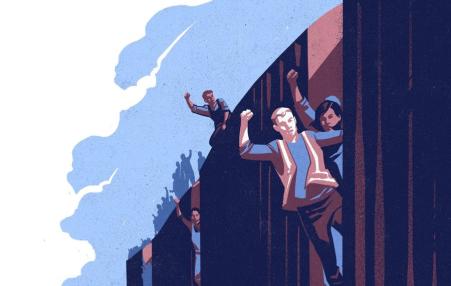 Illustration of workers on leaning out of train doors with raised fists. 