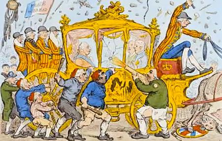 1795 cartoon showing angry crowd throwing stones at King George's carriage