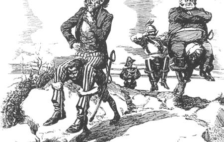 Cartoon showing Uncle Sam, John Bull, and the Kaiser riding heavily on the shoulders of servants of colorof 