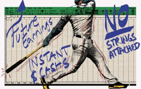 Drawing of a baseball player over a computer screen with the following words:  Future Earnings, Instant Cash, No Strings Attached 