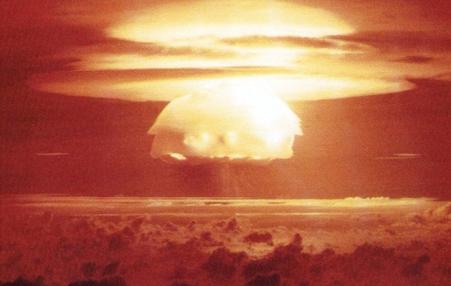 The huge mushroom cloud resulting from testing an H-bomb