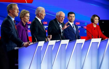 The six qualifying Democratic Party Presidential candidates at the January 14 Iowa debate. 