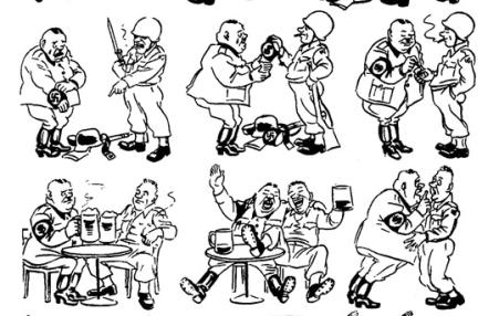 Cartoon depicting improper post-war cooperation between the U.S. military and Nazi soldiers