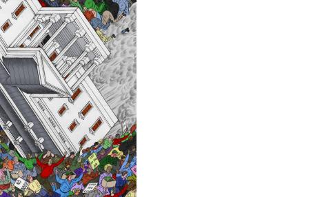 Illustration of workers getting crushed by a falling white house