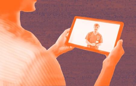 drawing of the back of a person holding an ipad with an image of a doctor. d a  a 