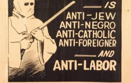painting of a kkk  in a sheet with a gun and the words anti-jew, negro, catholic, foreigner and laborprolt    with with a 