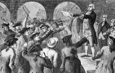Illustration showing angry Sons of Liberty supporters meeting in New York City