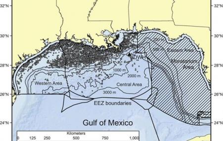 map showing oil and gas wells in Gulf of Mexico