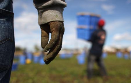 photo of a worker walking highlighting their rough and soiled hand.