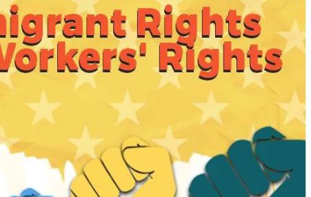 Drawing of different colored raised fists below a sign that says Immigrant rights are worker rights sl
