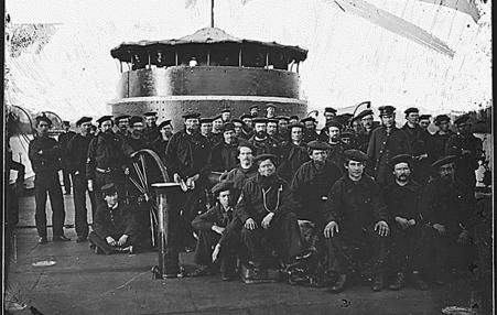 Sailors on the deck of the USS Monitor during the Civil War